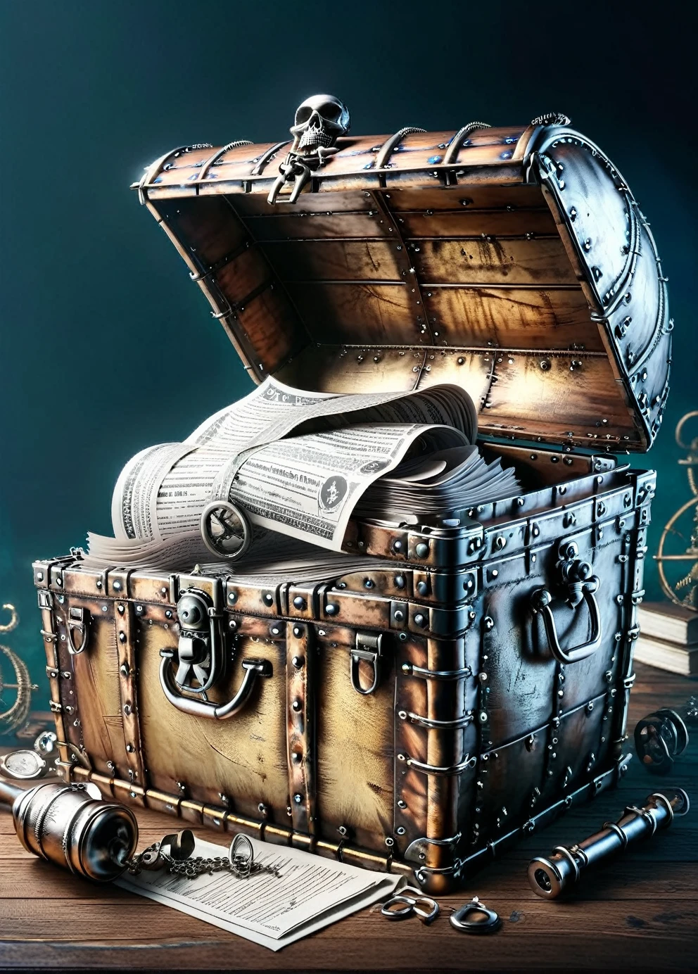 Pirate treasure chest filled with papers