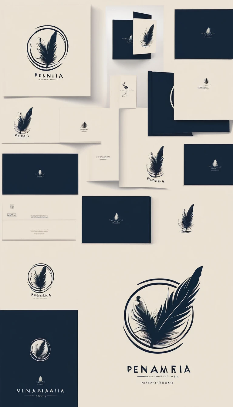 A minimal, modern, simple, cinematic logotype for the brand “Penamemoria". The logotype must be a simple, magical feather and a boy playing acoustic guitar. The logo must convey a sense of music, stories and dreams. Logo design impressed on a book cover. Minimalistic logo
