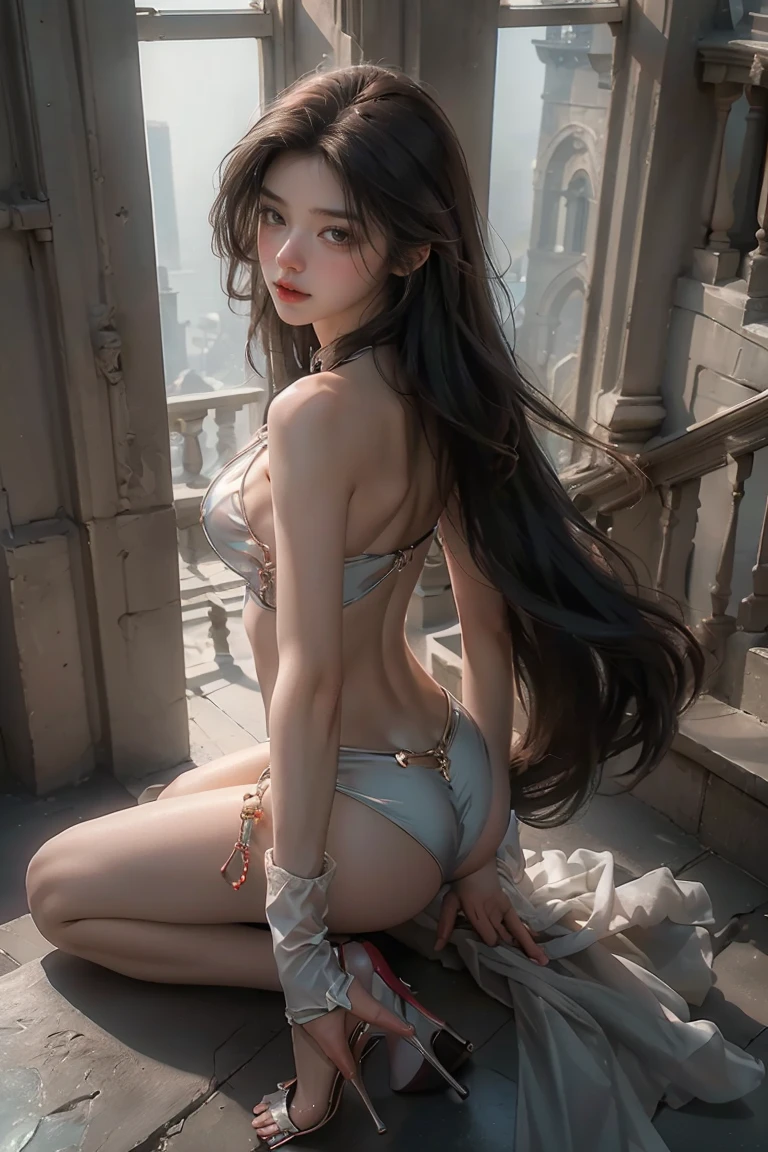 ((masterpiece, best quality, Highest image quality, high resolution, Reality, RAW photos, 8K)), women in Watch from above, with see through transparent bikini, (Long hair combed back, Gemstone hair accessories, Long glove, Glass shoes, Bare shoulders, Bare back), Looking back halfway up the broad staircase leading to the castle,
