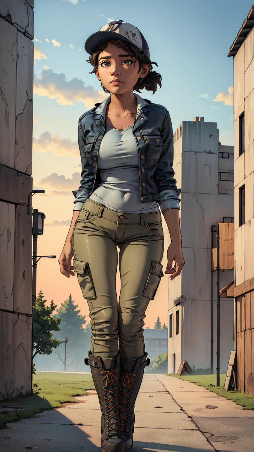 ((masterpiece, best quality)),(complex lighting) ,solo,(((1girl))) ,clementine, light skin,light-skinned female, baseball cap, green cargo pants, brown eyes, tight pants, combat boots, shirt, short hair, one short ponytail, open denim jacket, huge butt, thicc butt , (((8k))), (((full body))), (((bent over))), (((looking at the viewer))), (((view from in front of her))), big breasts