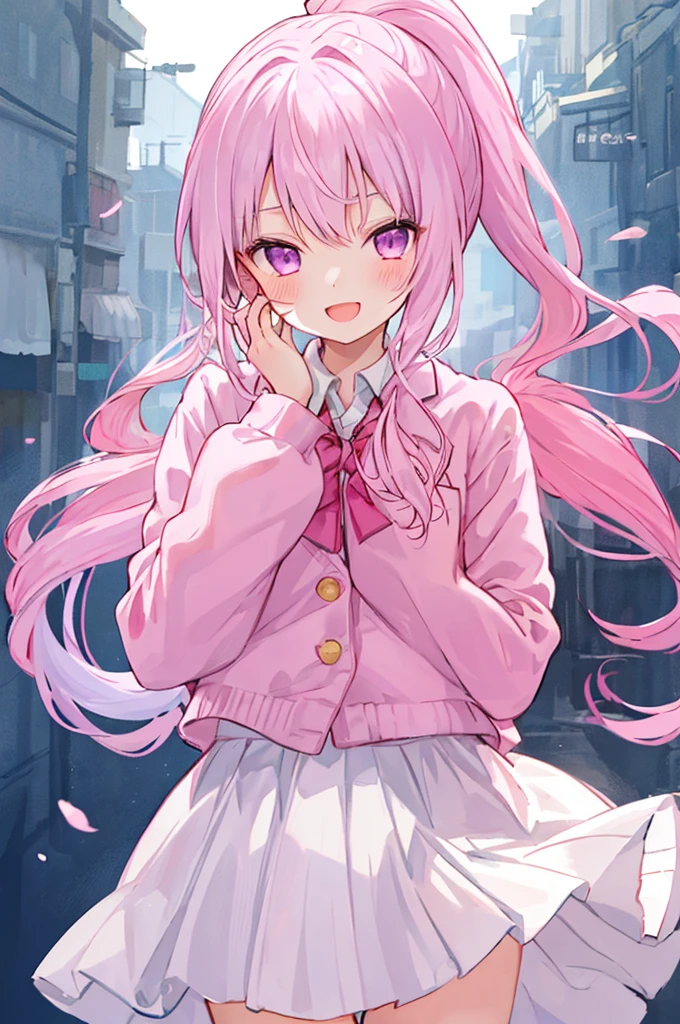 1 Girl, :D, ^ ^, Pink high ponytail、Light purple eyes and bangs, blush, close your eyes, Eyebrows visible through hair, Face-to-face audience, Hair between the eyes, Put your hand on your cheek, Put your hands on your face, Please raise your hand, heart, Pastel colored hair, Long Hair, School Blazer, Long sleeve, Open your mouth, Sleeves longer than your fingers, The sleeves reach to the wrist, smile, alone