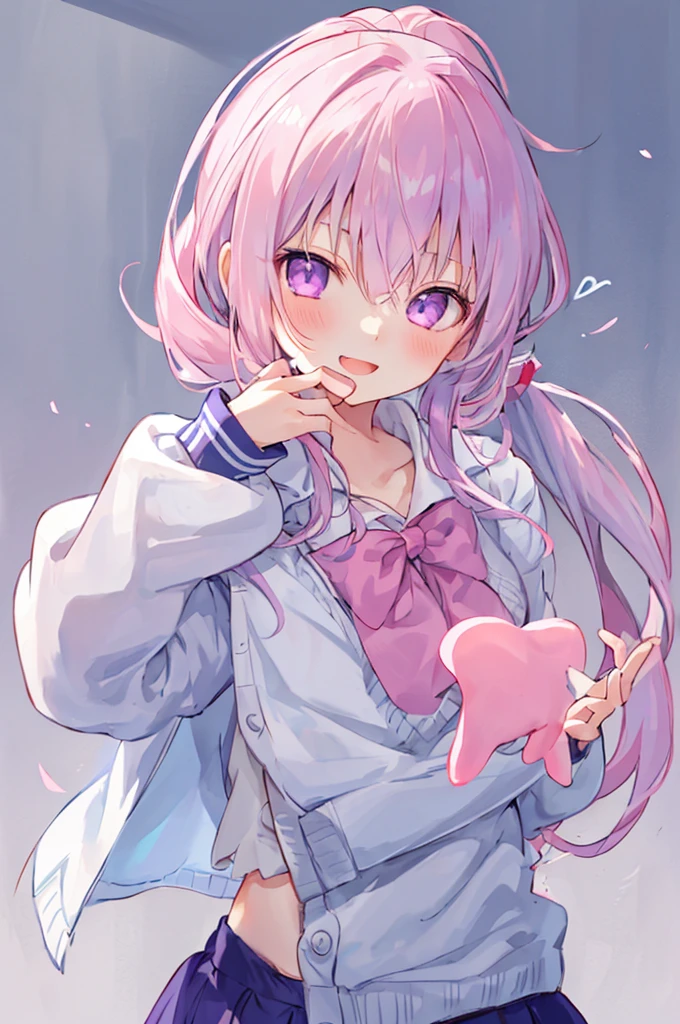 1 Girl, :D, ^ ^, Pink high ponytail、Light purple eyes and bangs, blush, close your eyes, Eyebrows visible through hair, Face-to-face audience, Hair between the eyes, Put your hand on your cheek, Put your hands on your face, Please raise your hand, heart, Pastel colored hair, Long Hair, School Blazer, Long sleeve, Open your mouth, Sleeves longer than your fingers, The sleeves reach to the wrist, smile, alone