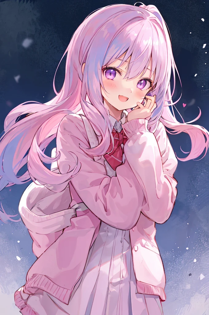 1 Girl, :D, ^ ^, Pink high ponytail、Light purple eyes and bangs, blush, close your eyes, Eyebrows visible through hair, Face-to-face audience, Hair between the eyes, Put your hand on your cheek, Put your hands on your face, Please raise your hand, heart, Pastel colored hair, Long Hair, School Blazer, Long sleeve, Open your mouth, Sleeves longer than your fingers, The sleeves reach to the wrist, smile, alone