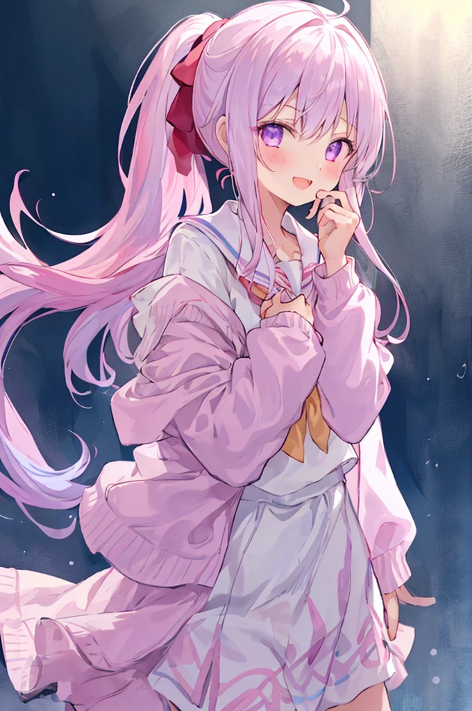 1 Girl, :D, ^ ^, Pink high ponytail、Light purple eyes and bangs, blush, close your eyes, Eyebrows visible through hair, Face-to-face audience, Hair between the eyes, Put your hand on your cheek, Put your hands on your face, Please raise your hand, heart, Pastel colored hair, Long Hair, School Blazer, Long sleeve, Open your mouth, Sleeves longer than your fingers, The sleeves reach to the wrist, smile, alone