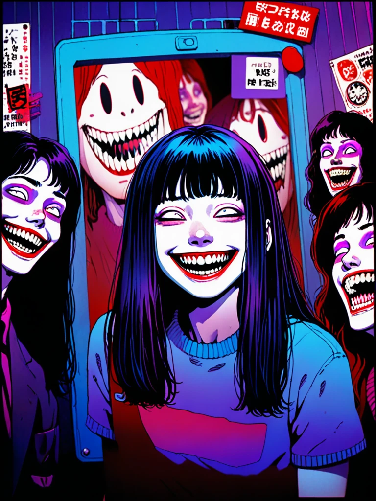 illust、art、from 80s horror movie, directed by Junji Ito、Serial killer、Killer、high detail, realsitic shadow、Analog style, vhs style, 8mm film, chromatic aberration, Dvd screengrab、Blue-purple and red-purple gradation、Surrealism、Crazy Smile、Expressive、darkness、Having your teeth straightened