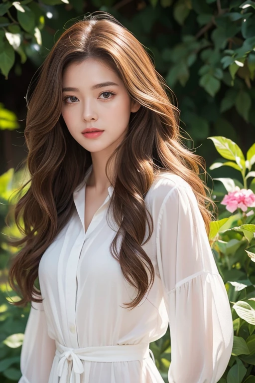 highest quality、4K、Perfect Face、Perfect Style、perfect body、Sunburn、beautiful lady、mature、long curly layer brown hair、Swept-back hair、full body, sexy 、charming、healthy、of the highest quality、8K、white Y shirt、Celestial Grotto、