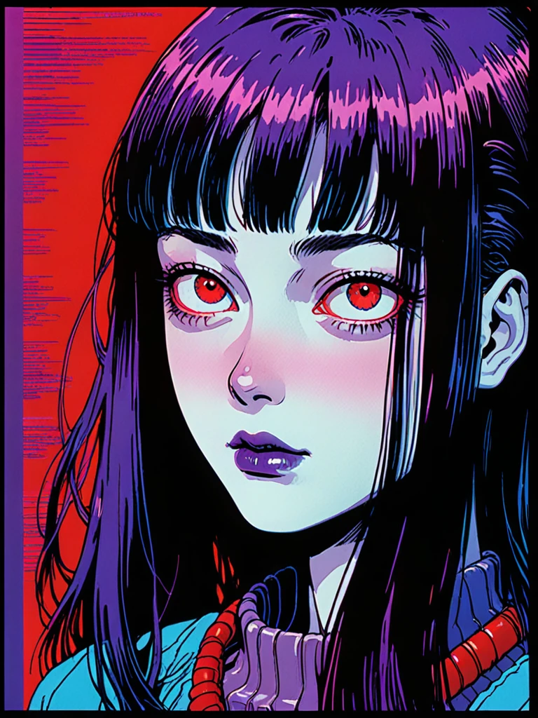 illust、art、from 80s horror movie, directed by Junji Ito、Cyborg Girl、Sci-fi horror、high detail, realsitic shadow、Analog style, vhs style, 8mm film, chromatic aberration, Dvd screengrab、Blue-purple and red-purple gradation