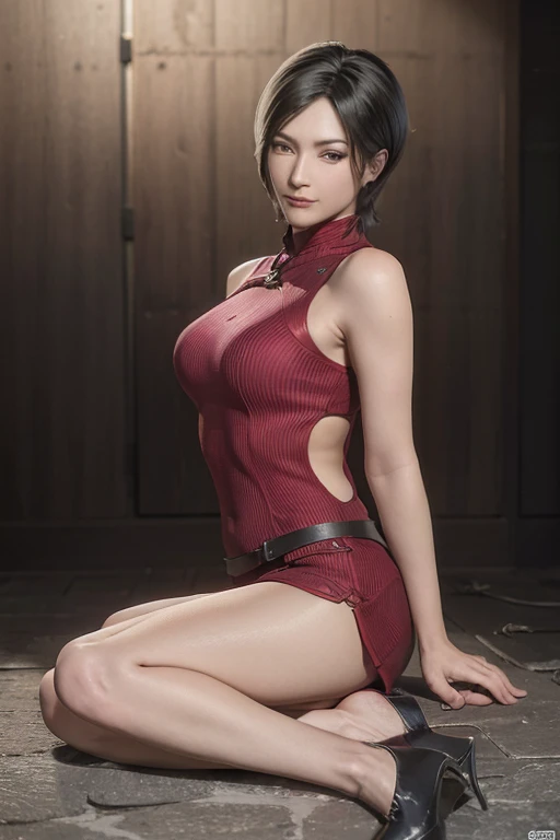 1 rapariga， solo， Ada Wong in Resident Evil 4 Remake， short detailed hair， brunette color hair， Red cheongsam， Short-sleeved shirt， Nero， nedium breasts， upper limbs， hindquarters， Black heels aside， Adriana's face， Find your audience， sly smile， A pistol was hung on her waist， best qualtiy， hight resolution：1.2， 18th century village in the background， Shadowing， Nightmare， rays of moonlight， Upper body photography， Low camera angle、depth of fields、center focused,sits,feets,no shoes on feets,legs up