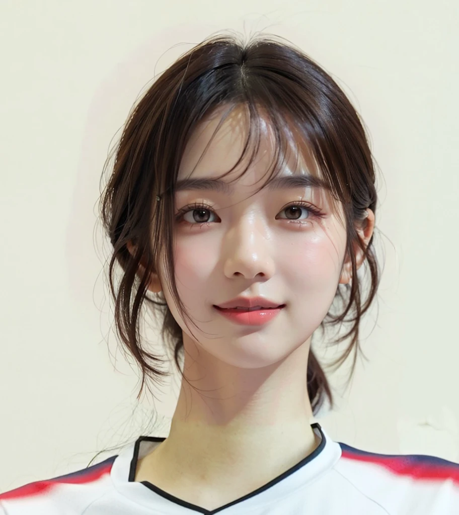 (In reality, high resolution:1.3, masterpiece, 8K, best quality, studio shoot, photo realistic:1.4, photography), korean girl looking at camera,smile,((Dark Brown Hair)), Detailed skin, Detailed Lips, Detailed eyes, normal hand, simple background