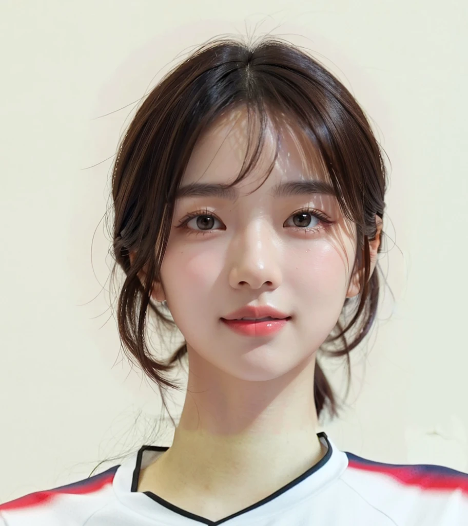 (In reality, high resolution:1.3, masterpiece, 8K, best quality, studio shoot, photo realistic:1.4, photography), korean girl looking at camera,smile,((Dark Brown Hair)), Detailed skin, Detailed Lips, Detailed eyes, normal hand, simple background