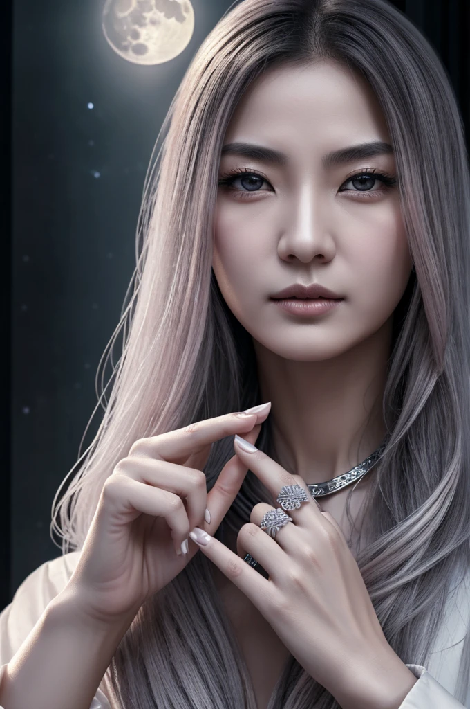 Masterpiece Full Moon Night 1 Woman Mature Woman Sisters, Sister Yu, cold, expressionless face, silver white, long haired woman, light pink lips, calm, intellectual, three rings, gray eyes, assassin, dagger., flower, hand details, finger details,