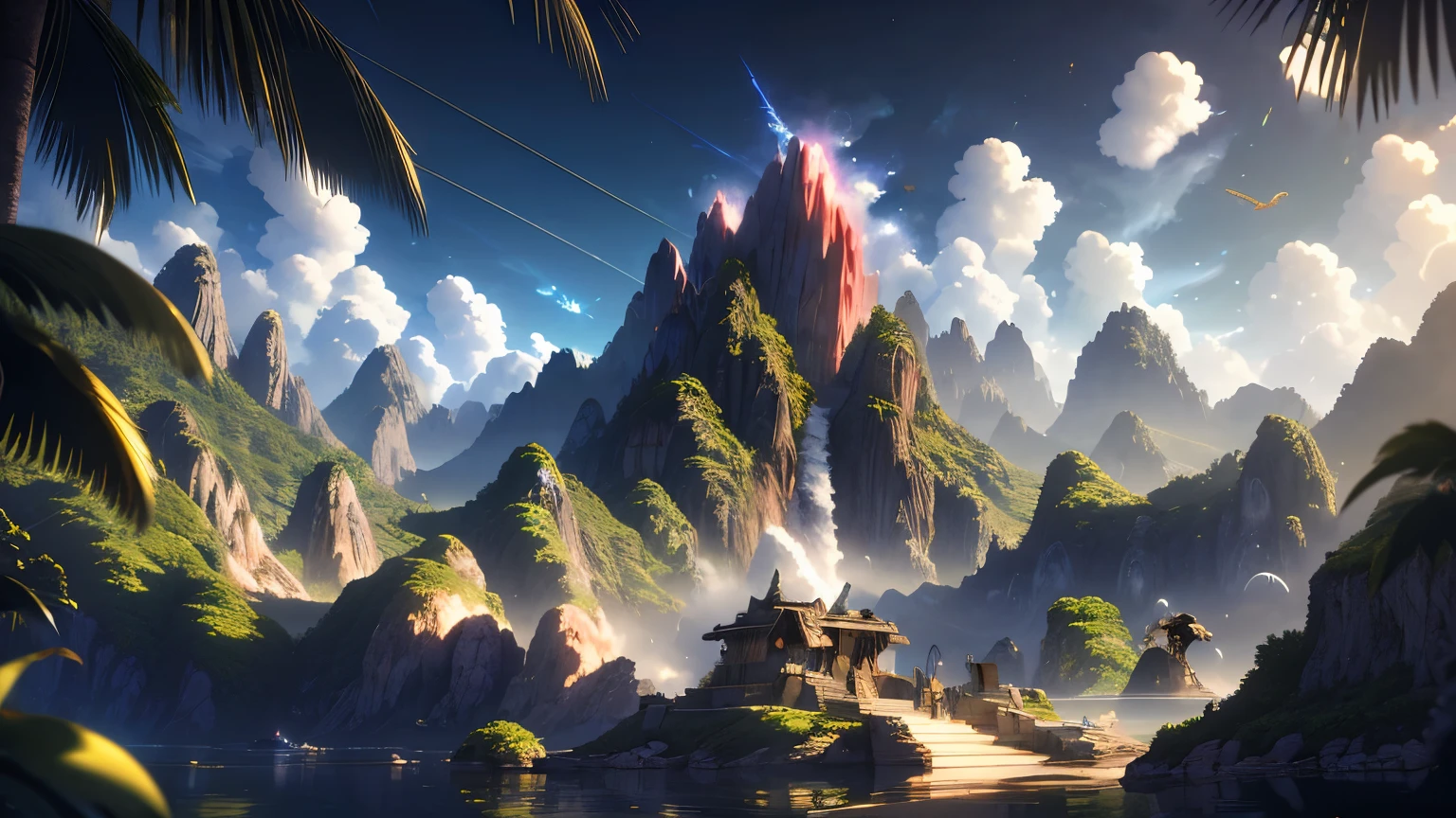masterpiece, best quality, high quality, extremely detailed CG unity 8k wallpaper, a hyperrealistic colossal moutain, in a futuristic prehistoric village, splashing water, lens flares, sunshaft, fluffy clouds, HDR, Photorealistic, hyperdetailed, deep sea, darked, mysterious