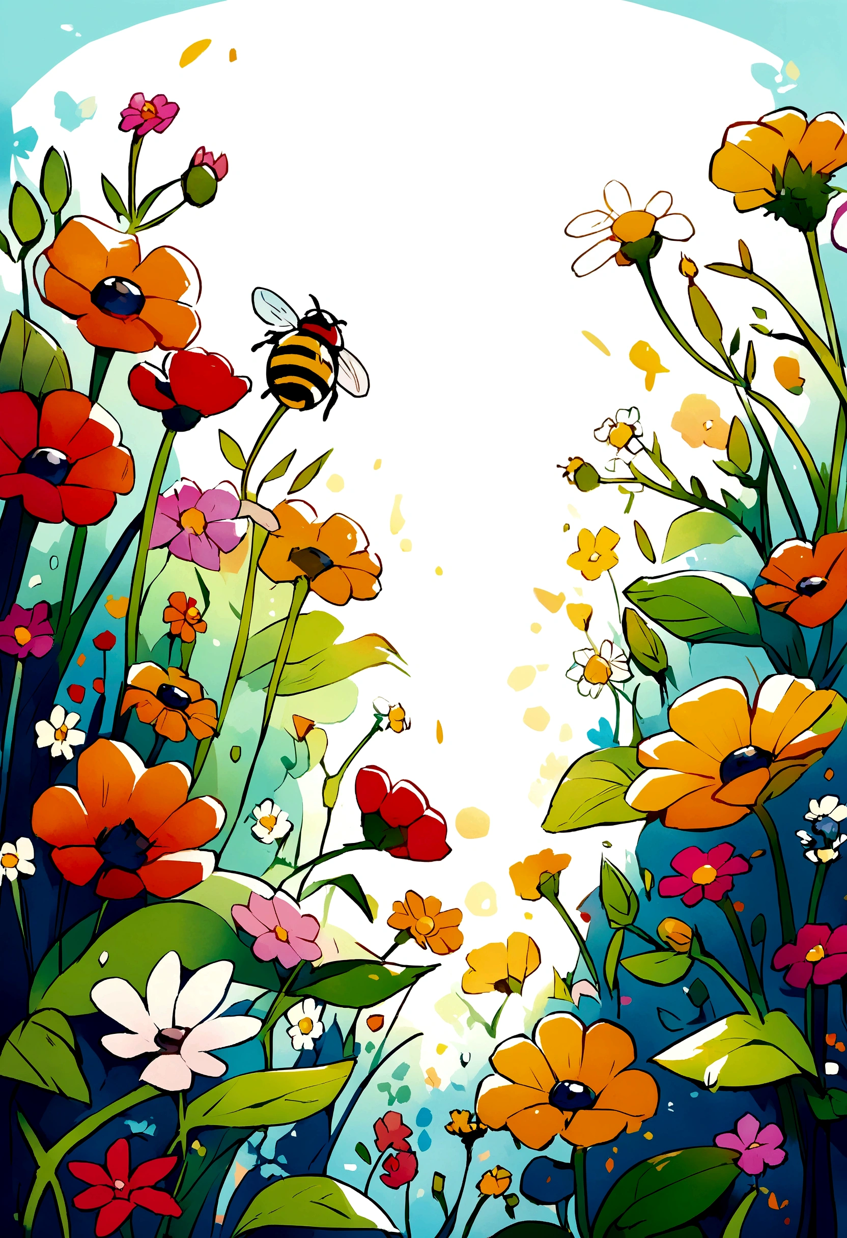 Cartoon illustration of bee and ladybug pollinating flowers) 
