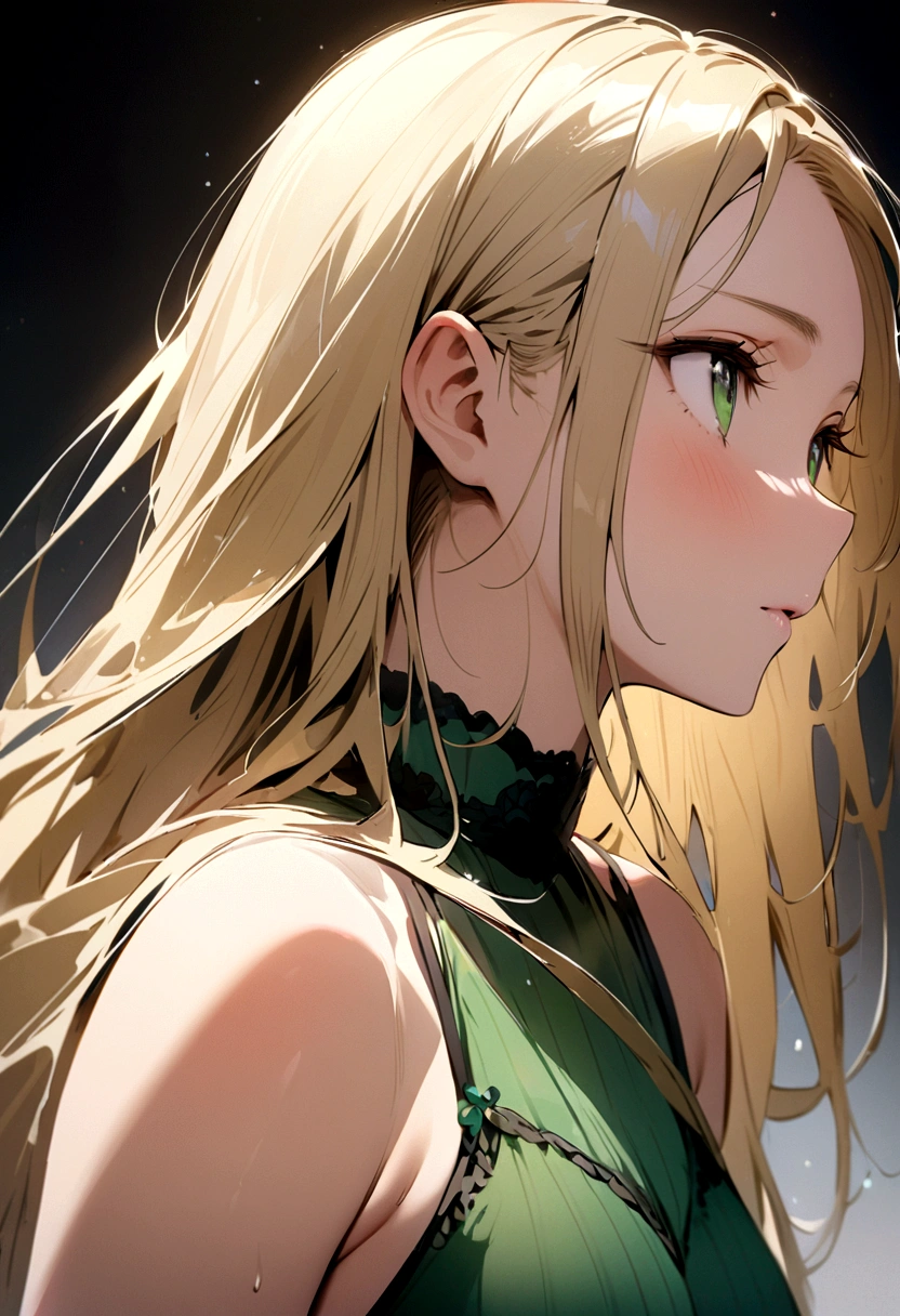 From the side、shout、(((masterpiece, Super detailed、Green Bikini、Look Up、Blonde、Straight Hair、Forehead