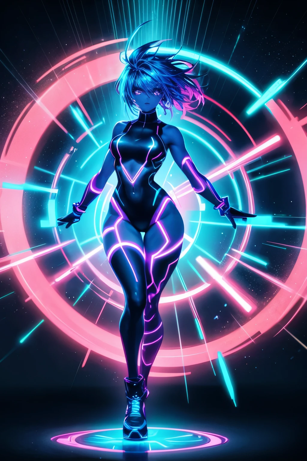 Neon outlines lighting  girl body  skin lighting  glowing blue hair lighting glowing skin glowing hair g full body skin lighting full body skin glowing no style clothes no glowing skin glowing full body