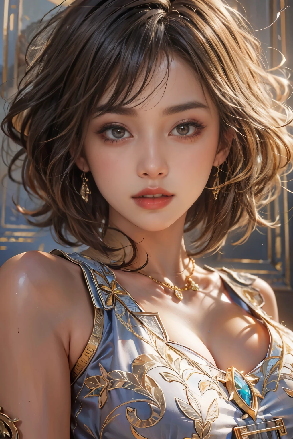 best quality, Practical, photoPractical, Award-winning illustrations, (Intricate details: 1.2), (Subtle details), (Intricate details), (light, Super sexy short hair super girl, Huge firm bouncing breasts