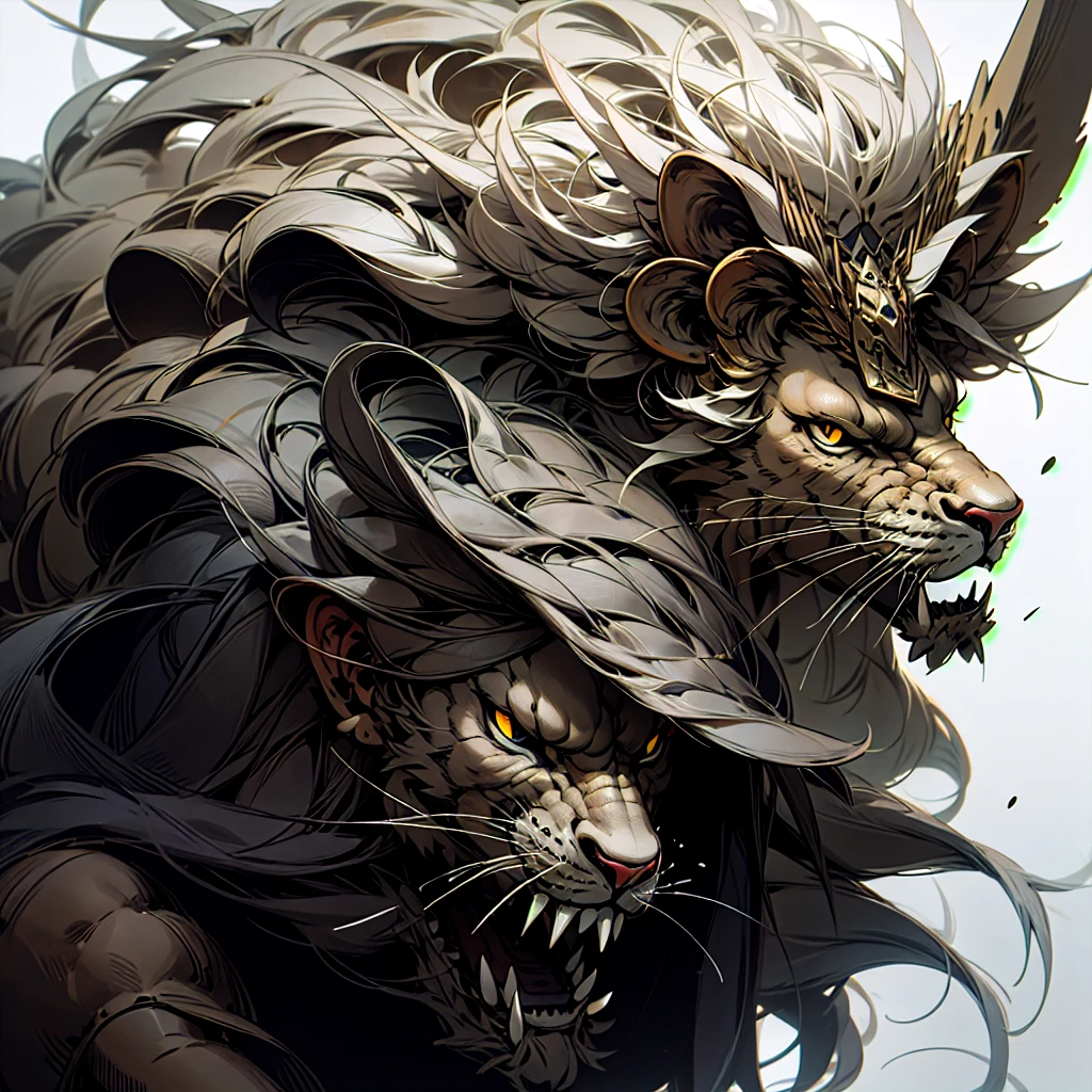 mictecacihuatl lion god of death black and grey vector style , highly detailed lion as face with feather headdress