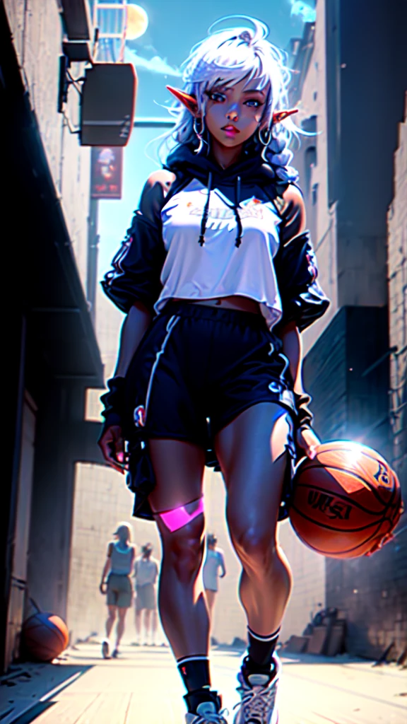 ((masterpiece)), (top quality), (best quality), ((ultra-detailed, 8k quality)), Aesthetics, Cinematic lighting, soft semi-backlit light, (detailed line art), absurdres, (best composition), (high-resolution),
BREAK,
beautiful of ((dark elf girl)), street clothes, hoodie, (cargo pants), Air Jordan Sneakers, full body, Dynamic pose, POV angle to head, atmospheric perspective, cinematic dramatic atmosphere, Standing in the middle (basketball court:1.2), (holding a basketball), outdoors, (full moon sky), sweating,
BREAK,
highly detailed of (dark elf), (1girl), solo, perfect face, details eye, ahoge, twin braids, white shining hair, hime cut bangs, medium hair, (violet eyes), shining eyes, (beautiful detailed eyelashes, eyeshadow, pink eyeshadow), smile, design art by Mikimoto Haruhiko, by Kawacy, By Yoshitaka Amano,
BREAK,
((perfect anatomy)), perfect body, Abs, (medium breast), perfect hands, perfect face, beautiful face, beautiful eyes, perfect eyes, (perfect fingers, deatailed fingers), correct anatomy, perfect legs, ((dark skin:1.2)), perfect ball, Detailed ball,