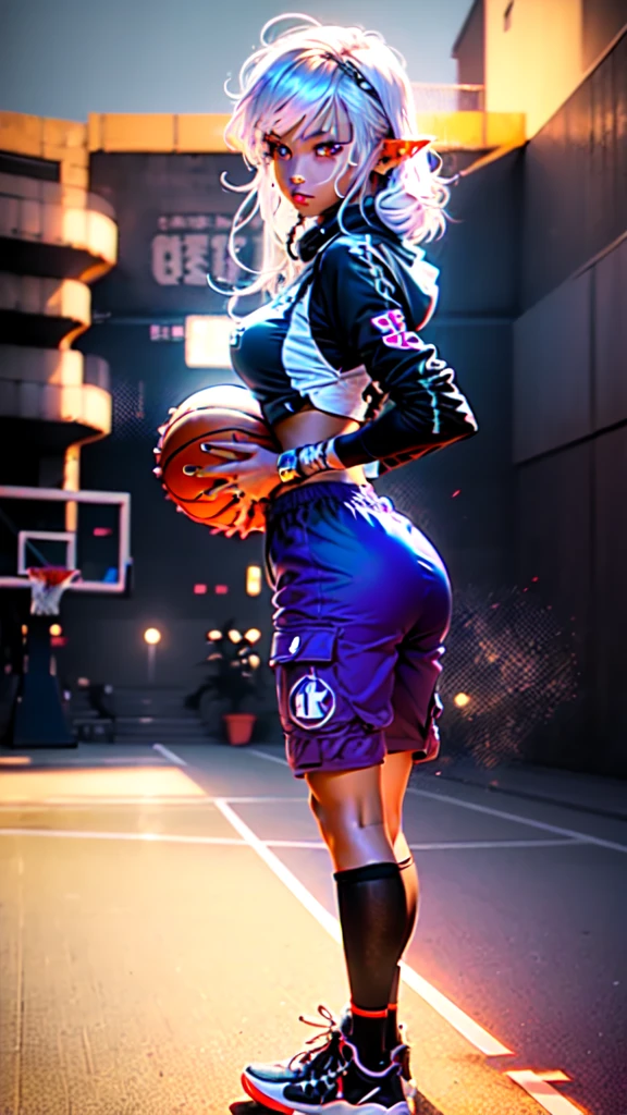 ((masterpiece)), (top quality), (best quality), ((ultra-detailed, 8k quality)), Aesthetics, Cinematic lighting, soft semi-backlit light, (detailed line art), absurdres, (best composition), (high-resolution),
BREAK,
beautiful of ((dark elf girl)), street clothes, hoodie, (cargo pants), Air Jordan Sneakers, full body, Dynamic pose, POV angle to head, atmospheric perspective, cinematic dramatic atmosphere, Standing in the middle (basketball court:1.2), (holding a basketball), outdoors, (full moon sky), sweating,
BREAK,
highly detailed of (dark elf), (1girl), solo, perfect face, details eye, ahoge, twin braids, white shining hair, hime cut bangs, medium hair, (violet eyes), shining eyes, (beautiful detailed eyelashes, eyeshadow, pink eyeshadow), smile, design art by Mikimoto Haruhiko, by Kawacy, By Yoshitaka Amano,
BREAK, 
((perfect anatomy)), perfect body, Abs, (medium breast), perfect hands, perfect face, beautiful face, beautiful eyes, perfect eyes, (perfect fingers, deatailed fingers), correct anatomy, perfect legs, ((dark skin:1.2)), perfect ball, Detailed ball,