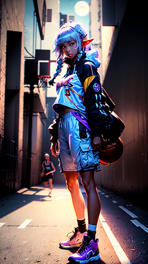 ((masterpiece)), (top quality), (best quality), ((ultra-detailed, 8k quality)), Aesthetics, Cinematic lighting, soft semi-backlit light, (detailed line art), absurdres, (best composition), (high-resolution),
BREAK,
beautiful of ((dark elf girl)), street clothes, hoodie, (cargo pants), Air Jordan Sneakers, full body, Dynamic pose, POV angle to head, atmospheric perspective, cinematic dramatic atmosphere, Standing in the middle (basketball court:1.2), (holding a basketball), outdoors, (full moon sky), sweating,
BREAK,
highly detailed of (dark elf), (1girl), solo, perfect face, details eye, ahoge, twin braids, white shining hair, hime cut bangs, medium hair, (violet eyes), shining eyes, (beautiful detailed eyelashes, eyeshadow, pink eyeshadow), smile, design art by Mikimoto Haruhiko, by Kawacy, By Yoshitaka Amano,
BREAK, 
((perfect ???????)), perfect body, Abs, (medium breast), perfect hands, perfect face, beautiful face, beautiful eyes, perfect eyes, (perfect fingers, deatailed fingers), correct ???????, perfect legs, ((dark skin:1.2)), perfect ball, Detailed ball,