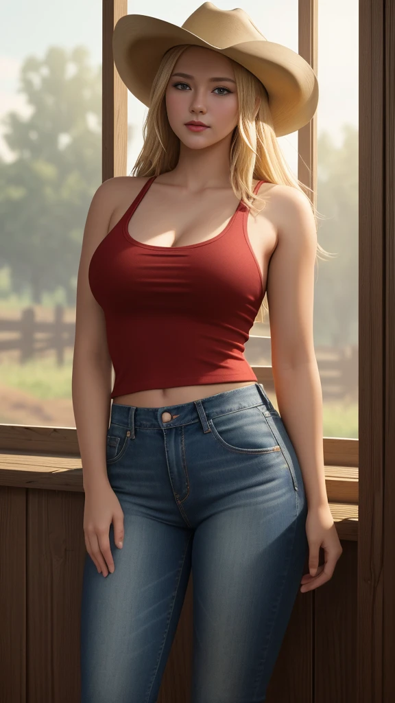 beautiful teenage girl Blond wearing a cowboy hat wearing a red singlet short jeans standing at farmer farm full body perfect light Perfect composition Beauty Masterpiece Award-winning Artstation 8 k Artgerm Mucha Dim Octane 18 k volumetric lighting Beautiful detail rendering. post-processing, portrait, hyper-detail, complex, epic composition, cinematic lighting, masterpiece, trending in art station, super detail, masterpiece, beautiful, 18k, HDR , smooth, sharp focus, high resolution.