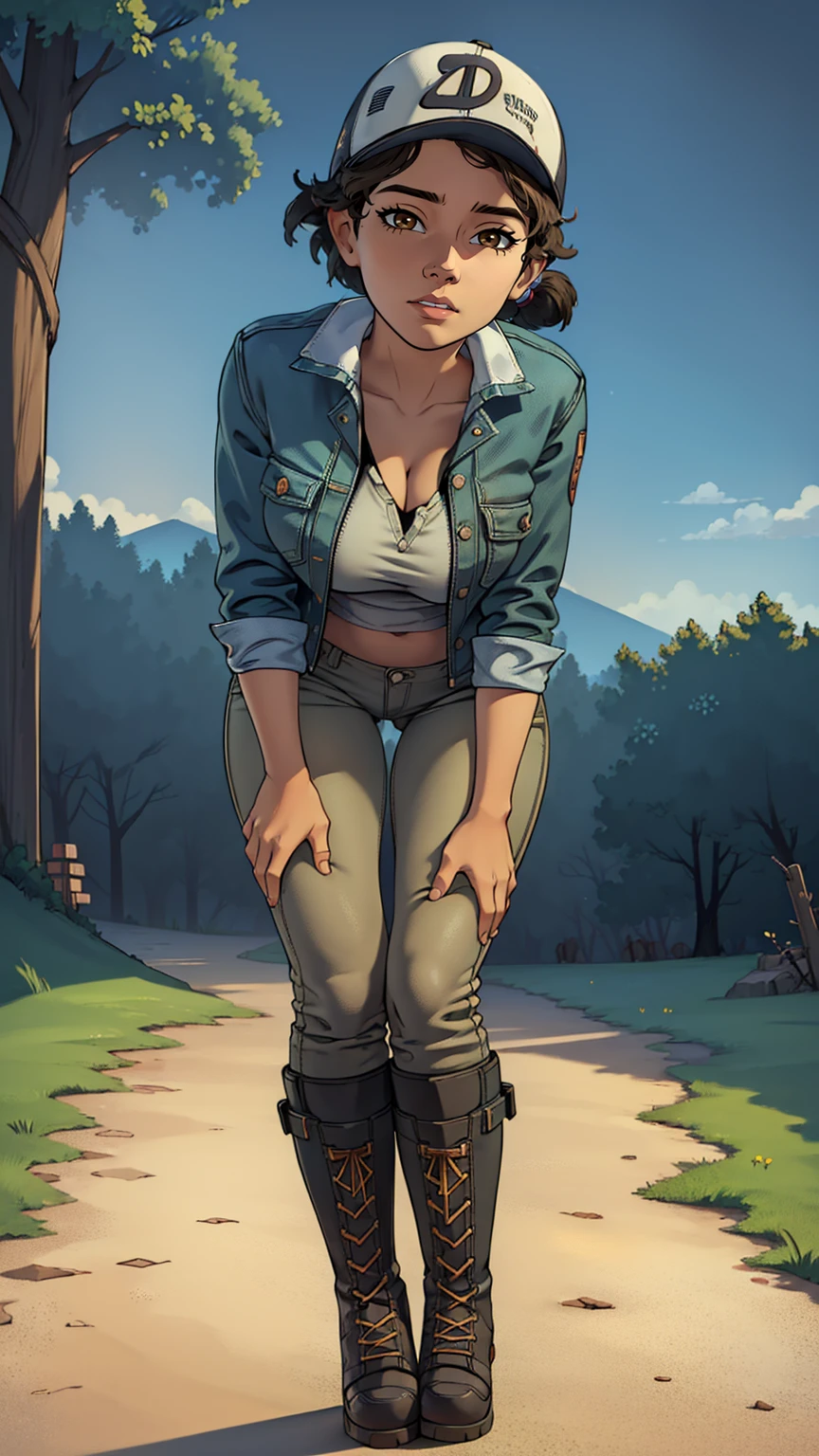 ((masterpiece, best quality)),(complex lighting) ,solo,(((1girl))) ,clementine, light skin,light-skinned female, baseball cap, green cargo pants, brown eyes, tight pants, combat boots, shirt, short hair, one short ponytail, open denim jacket, huge butt, thicc butt , (((8k))), (((full body))), (((bent over))), (((looking at the viewer))), (((view from in front of her))), big breasts