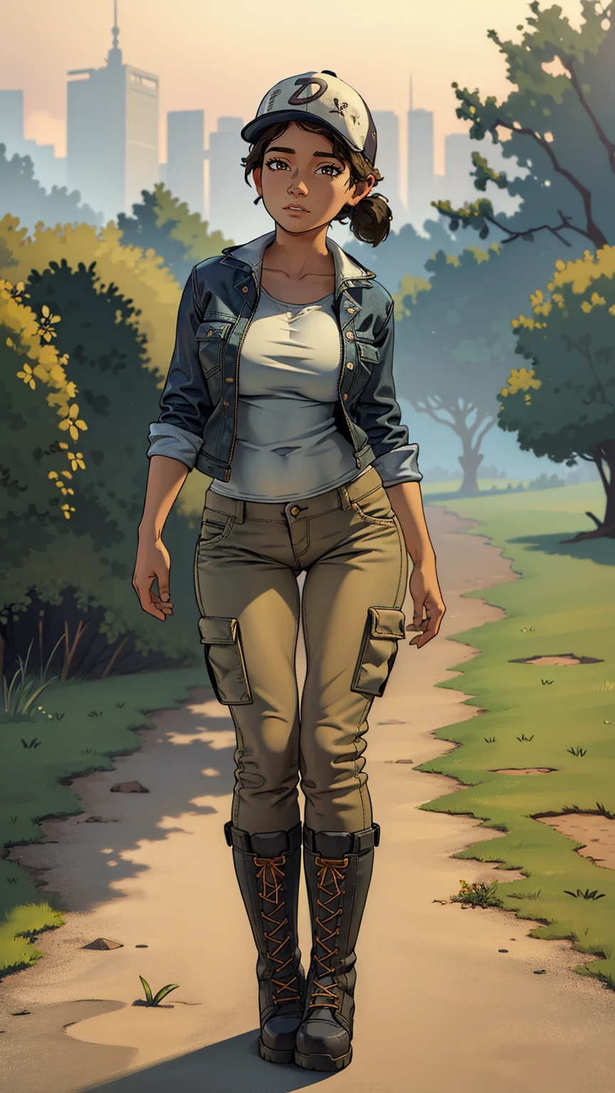 ((masterpiece, best quality)),(complex lighting) ,solo,(((1girl))) ,clementine, light skin,light-skinned female, baseball cap, green cargo pants, brown eyes, tight pants, combat boots, shirt, short hair, one short ponytail, open denim jacket, huge butt, thicc butt , (((8k))), (((full body))), (((bent over))), (((looking at the viewer))), (((view from in front of her))), big breasts