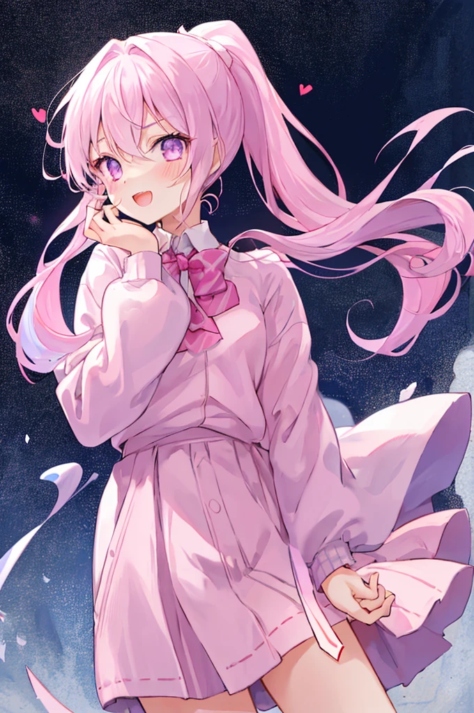 1 Girl, :D, ^ ^, Pink high ponytail、Light purple eyes and bangs, blush, Shut your mouth., Eyebrows visible through hair, Face-to-face audience, Hair between the eyes, Put your hand on your cheek, Put your hands on your face, Please raise your hand, heart, Pastel colored hair, Long Hair, School Blazer, Long sleeve, Open your mouth, Sleeves longer than your fingers, The sleeves reach to the wrist, alone