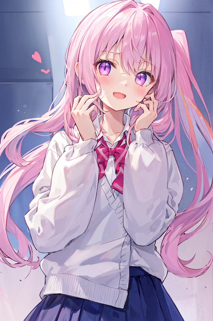 1 Girl, :D, ^ ^, Pink high ponytail、Light purple eyes and bangs, blush, Shut your mouth., Eyebrows visible through hair, Face-to-face audience, Hair between the eyes, Put your hand on your cheek, Put your hands on your face, Please raise your hand, heart, Pastel colored hair, Long Hair, School Blazer, Long sleeve, Open your mouth, Sleeves longer than your fingers, The sleeves reach to the wrist, alone