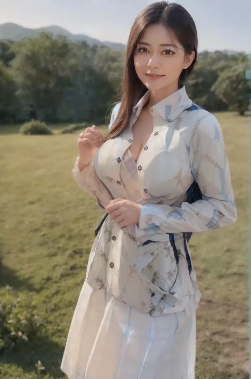 marian rivera,((White collar shirt、Light blue plaid pleated skirt:1.4)、foot, enchanting smile, closed clothes, polite attire, The face of beauty , Because I'm slender , abs:1.4, 30 years old, ((1 girl, alone)), ((full body)), ((huge breasts:1.3)), Breastfeeding A. to, (K, Raw photo, highest quality, Masterpiece 11.4), (realistic, photo-realistic:1.37), (micro:1.4), exposed , ((diamond necKlace)), earrings, glamorous, white sKin, ((in a luxurious hall), looK at viewers, thick brunette hair, long hair, (lit), dynamic pose, (), ((beautiful eyes), erotic, HDR, very detailed, ambient occlusion, nature, harmonious composition, fine art photography, beauty , excellent anatomy, exposed detail
