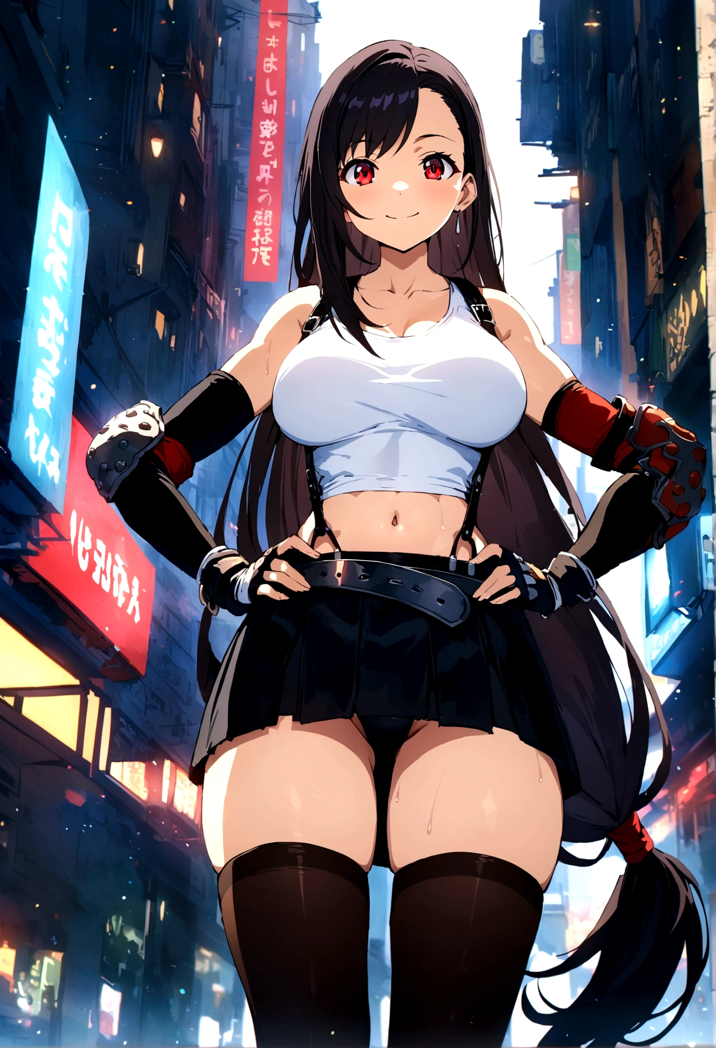 score_9, score_8_up, score_7_up,4k, ,BREAK , from front,thighs angle,standing,straight-on,hands on hips,,(medium shot),looking_at_viewer ,1girl, tifa lockhart, final fantasy, tareme,black hair, low-tied long hair, red eyes, bangs, white tank top, belt, pleated skirt, thighhighs, elbow fingerless gloves, elbow pads, midriff, navel,suspender skirt ,big_breasts,(light smile),Curvy waist ,Solo,,(midnight and beachside and city),Toned,,detailed skin,(best quality),(aesthetic,very aesthetic),(beautiful body),UHD,HDR,anime,highly detailed,sharp focus,depth of field,Anime style character drawn with thick lines