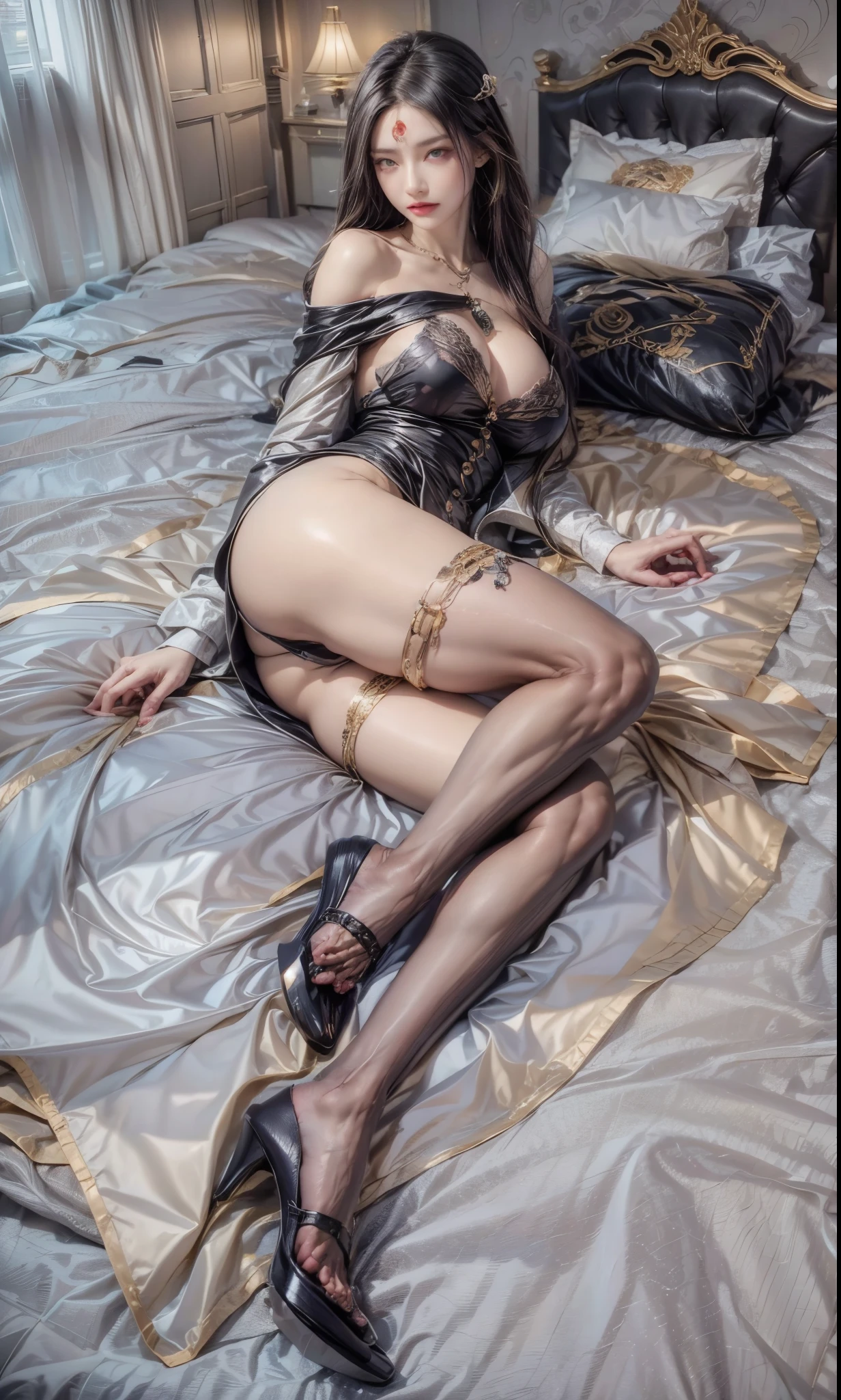 realistic, 1 women, best quality, 12k, HD, long hair, big round breasts, cleavage, ponytail, necklace, jewelry, shorts, short jacket, slim hips, hair tie, yellow eyes, black hair, super detailed, Eye details, hair details, person details, mouth details, face details, breast details, clothes details, hair details, pants details, hand details, whole body