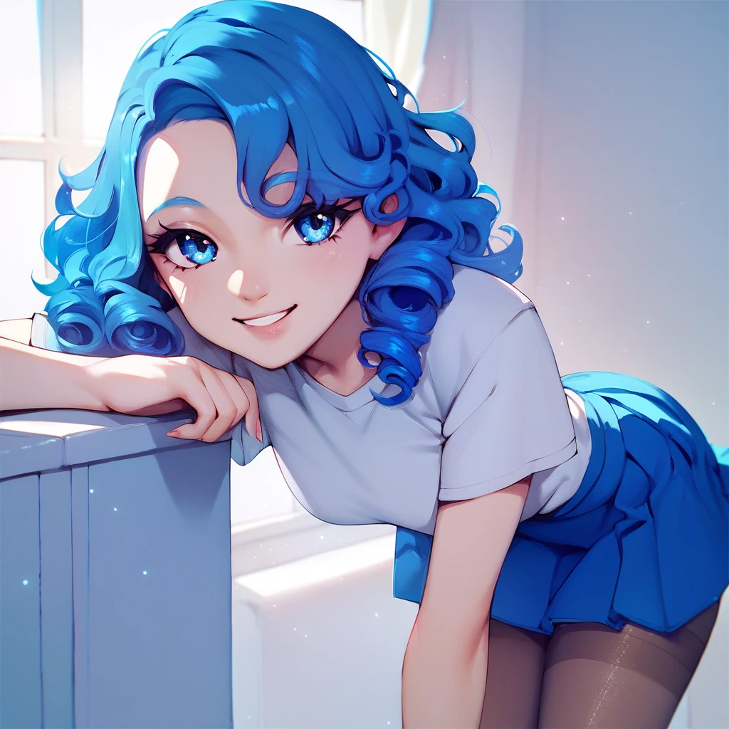 Girl, blue hair, long, curly hair, smiling, white t-shirt, blue skirt, blue eyes, pantyhose 