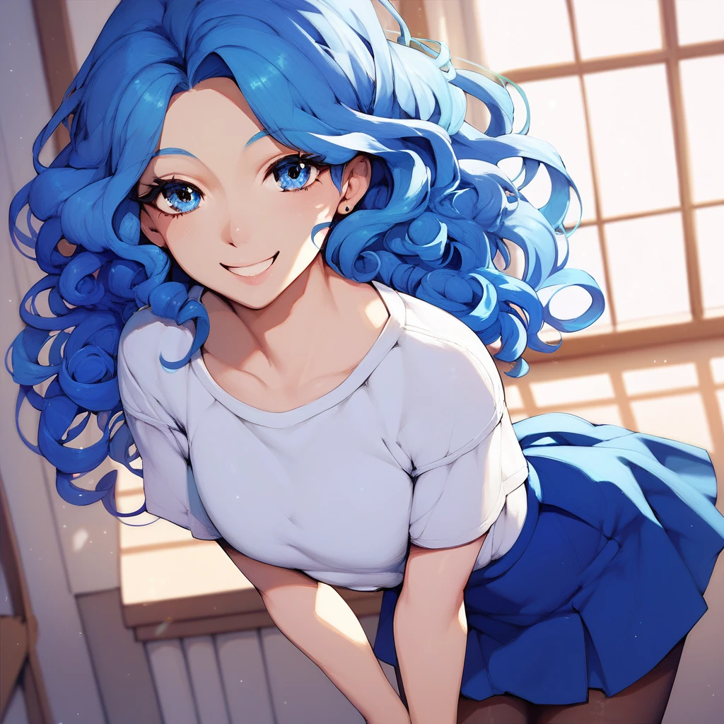 Girl, blue hair, long, curly hair, smiling, white t-shirt, blue skirt, blue eyes, pantyhose 