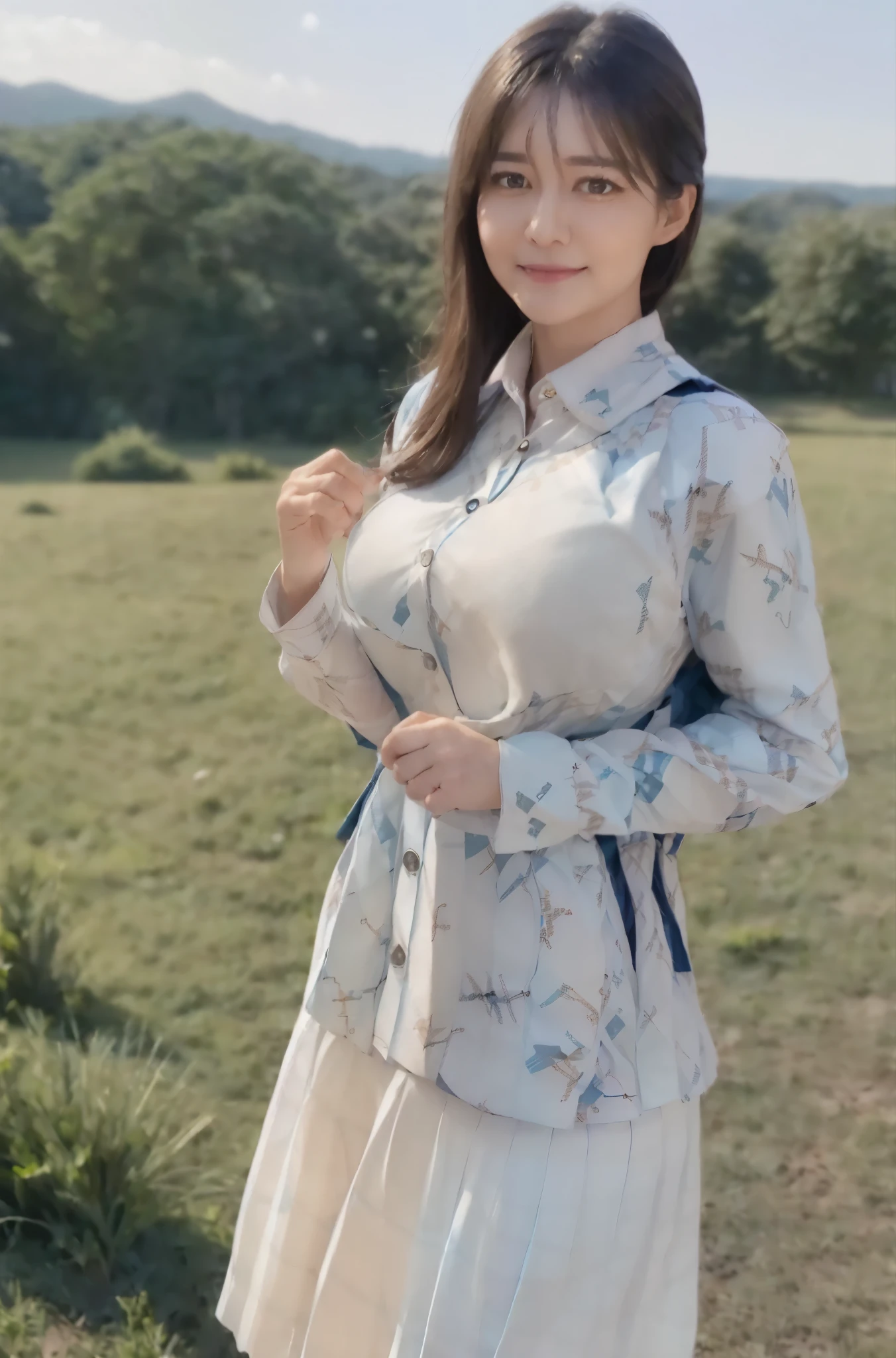 marian rivera,((White collar shirt、Light blue plaid pleated skirt:1.4)、foot, enchanting smile, closed clothes, polite attire, The face of beauty , Because I'm slender , abs:1.4, 30 years old, ((1 girl, alone)), ((full body)), ((huge breasts:1.3)), Breastfeeding A. to, (K, Raw photo, highest quality, Masterpiece 11.4), (realistic, photo-realistic:1.37), (micro:1.4), exposed , ((diamond necKlace)), earrings, glamorous, white sKin, ((in a luxurious hall), looK at viewers, thick brunette hair, long hair, (lit), dynamic pose, (), ((beautiful eyes), erotic, HDR, very detailed, ambient occlusion, nature, harmonious composition, fine art photography, beauty , excellent anatomy, exposed detail