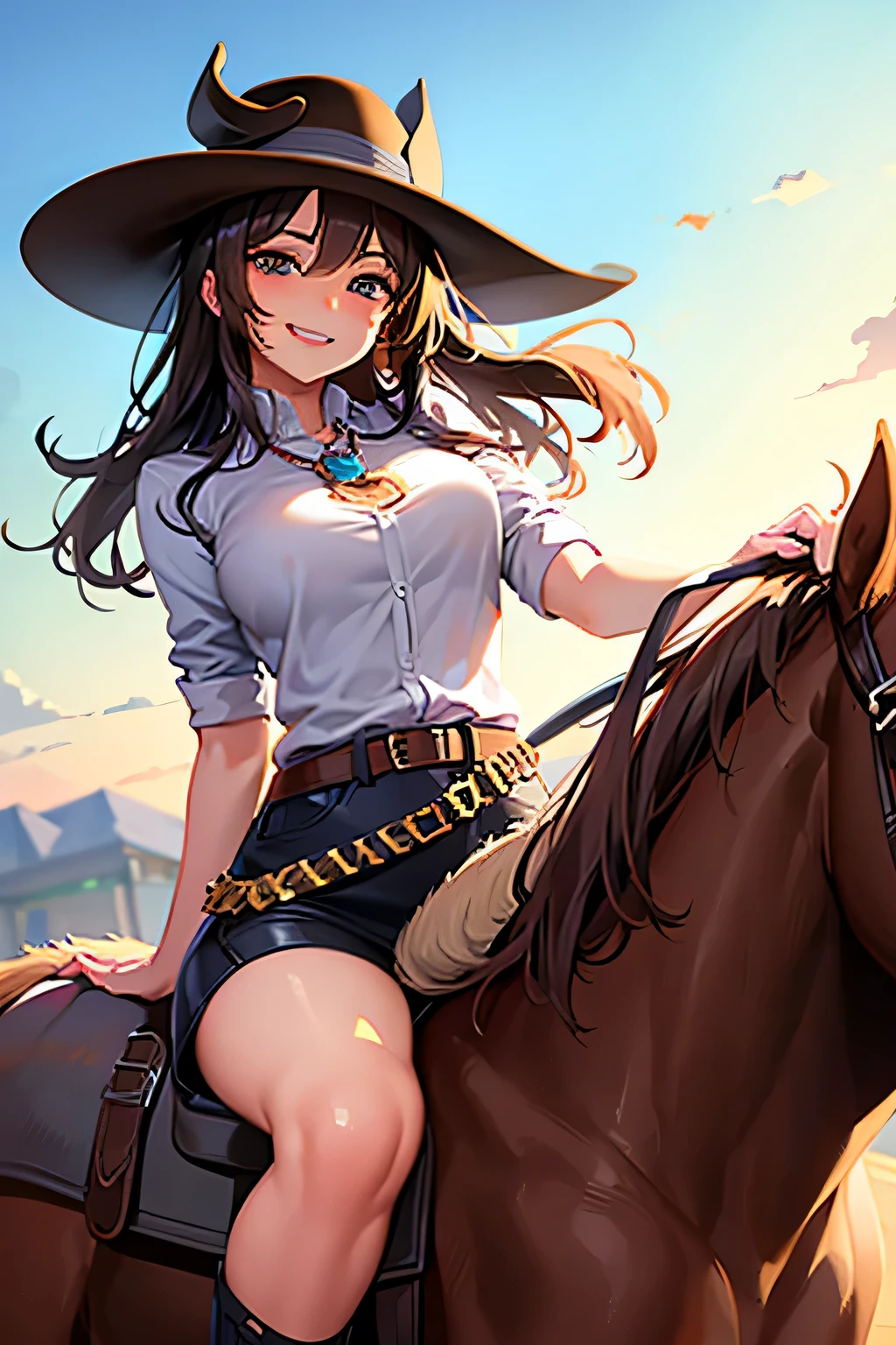 (4k画质, Highly detailed, masutepiece, Ultra-detailed),naked girl,((((((Tied to the Cross)))))),((Bang)),((((Bind your arms behind your back)))),(((noose))),((((((Woman on Horse)))))),((ride horse,Riding a horse with the reins)),((Leather Cowboy Hat)),((Gun belt)),((((rifle)))),Western Boots,Ray tracing,a blond,Gold Hair,shorth hair,Embarrassed face,(Work up a sweat)、((low angles)),(((28mm angle of view))),High detailed skin,piercings,((NSFW))