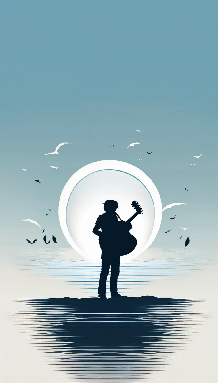 A minimal, modern, simple, cinematic logo design for the brand “Penamemoria". The logo design must be a simple, silhouette of a boy, standing up, playing acoustic guitar and fantasy feather by his side. The logo must convey a sense of music, stories, memories and dreams. Logo design impressed on a book cover. Minimalistic logo. Light blue, soft white and light golden as colors for the logo design
