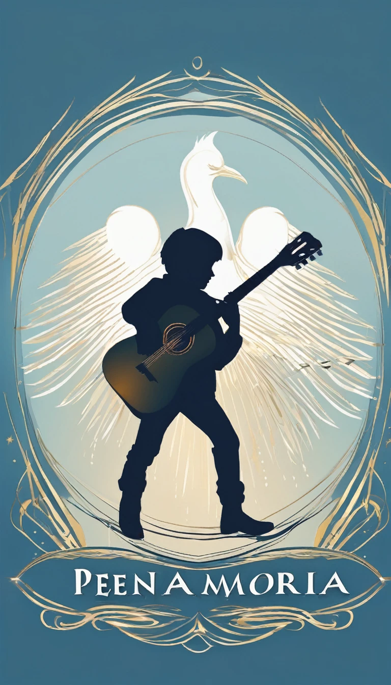 A minimal, modern, simple, cinematic logo design for the brand “Penamemoria". The logo design must be a simple, silhouette of a boy, standing up, playing acoustic guitar and fantasy feather by his side. The logo must convey a sense of music, stories, memories and dreams. Logo design impressed on a book cover. Minimalistic logo. Light blue, soft white and light golden as colors for the logo design