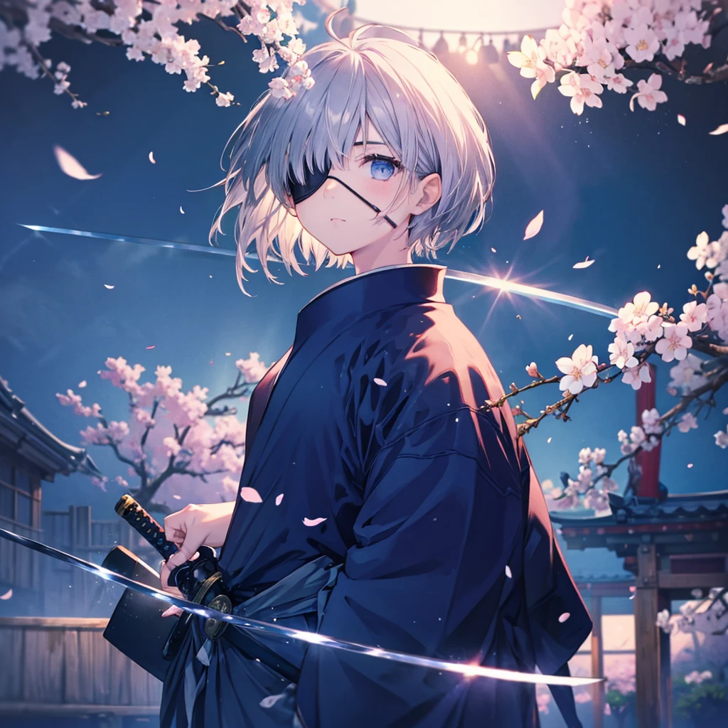 (((1 person　Gray Hair)))　((((Eye patch))))　(((High resolution　short hair　Black kimono)))　((Shoulder　Rin々Funny face　Holding the sheath and preparing the sword))　((Black Band　samurai　Lonely　despair　blue eyes　Pull camera))　((Blue Butterfly　night　Japanese style　old　Cherry Blossom Garden　water surface　Catch the wind　Scattering cherry blossom petals))　((Japanese sword　Two-Way　Slashing　Bathed in light))　((Sword Reflection　Pink light))　月night　moonlight　star　Draw your sword　Shining Background　Shining Edge