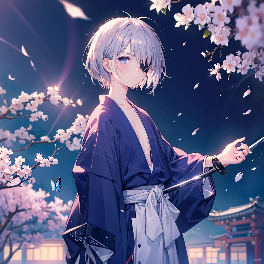 (((1 person　Gray Hair)))　((((Eye patch))))　(((High resolution　short hair　Black kimono)))　((Shoulder　Rin々Funny face　Holding the sheath and preparing the sword))　((Black Band　samurai　Lonely　despair　blue eyes　Pull camera))　((Blue Butterfly　night　Japanese style　old　Cherry Blossom Garden　water surface　Catch the wind　Scattering cherry blossom petals))　((Japanese sword　Two-Way　Slashing　Bathed in light))　((Sword Reflection　Pink light))　月night　moonlight　star　Draw your sword　Shining Background　Shining Edge