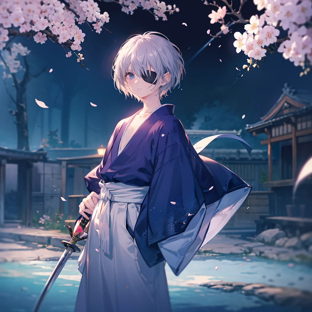 (((1 person　Gray Hair)))　((((Eye patch))))　(((High resolution　short hair　Black kimono)))　((Shoulder　Rin々Funny face　Holding the sheath and preparing the sword))　((Black Band　samurai　Lonely　despair　blue eyes　Pull camera))　((Blue Butterfly　night　Japanese style　old　Cherry Blossom Garden　water surface　Catch the wind　Scattering cherry blossom petals))　((Japanese sword　Two-Way　Slashing　Bathed in light))　((Sword Reflection　Pink light))　月night　moonlight　star　Draw your sword　Shining Background　Shining Edge