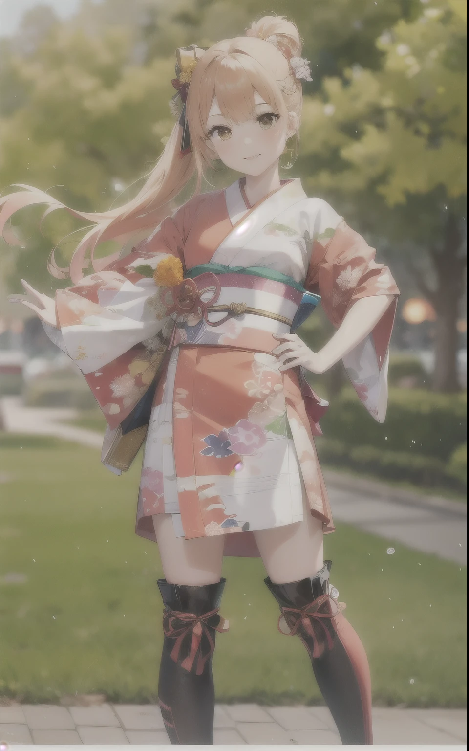 Girl wearing a kimono like a goldfish, wearing a sash, hair mixed with gold and orange, updo, red ribbon, background blur: 1.3, fireworks