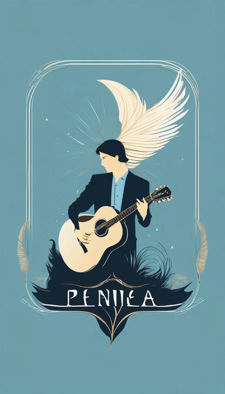 A minimal, modern, simple, cinematic logo design for the brand “Penamemoria". The logo design must be a simple, silhouette of a boy, standing up, playing acoustic guitar and fantasy feather by his side. The logo must convey a sense of music, stories, memories and dreams. Logo design impressed on a book cover. Minimalistic logo. Light blue, soft white and light golden as colors for the logo design.