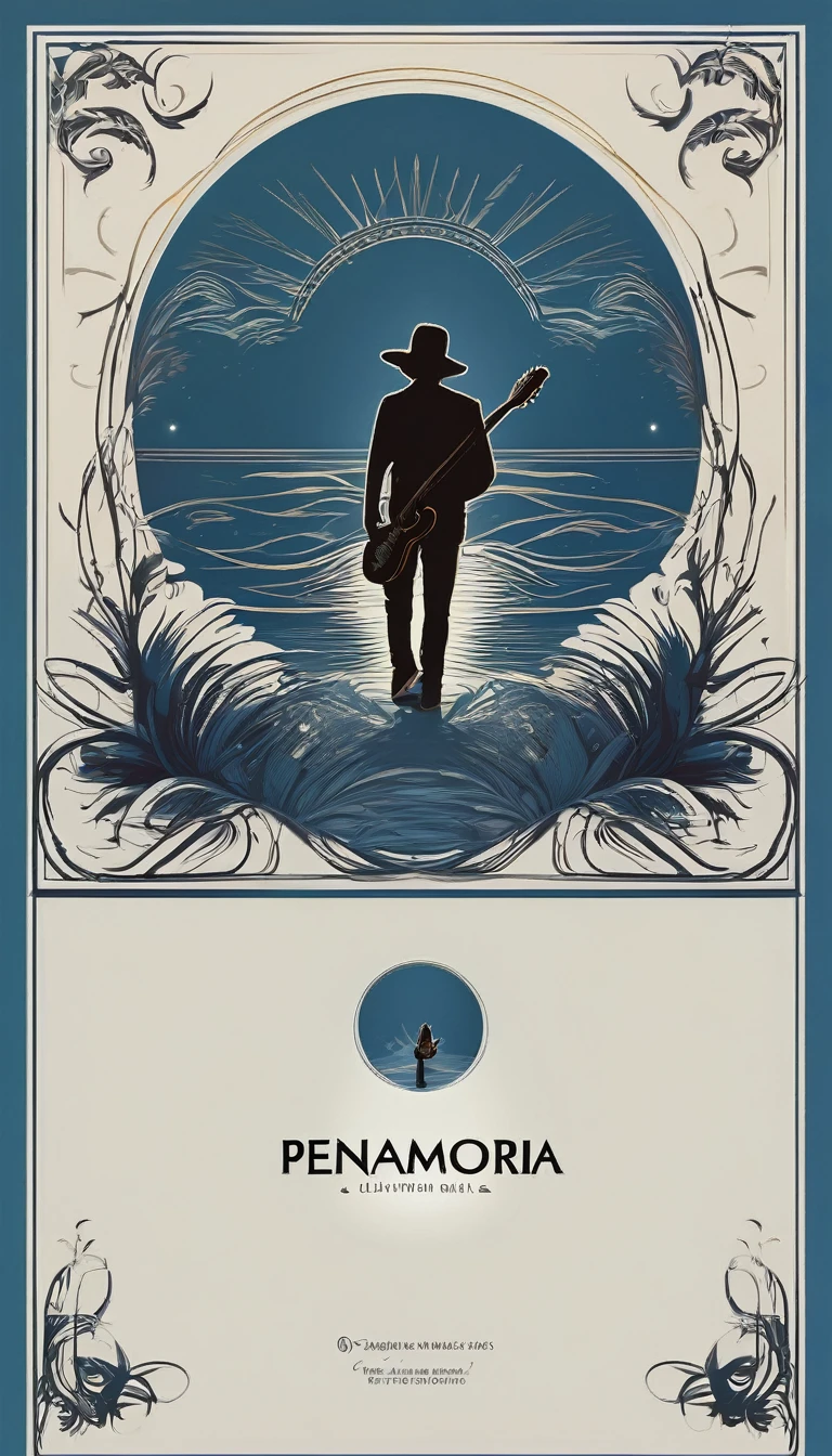 A minimal, modern, simple, cinematic logo design for the brand “Penamemoria". The logo design must be a simple, silhouette of a boy, standing up, playing acoustic guitar and fantasy feather by his side. The logo must convey a sense of music, stories, memories and dreams. Logo design impressed on a book cover. Minimalistic logo. Light blue, soft white and light golden as colors for the logo design.