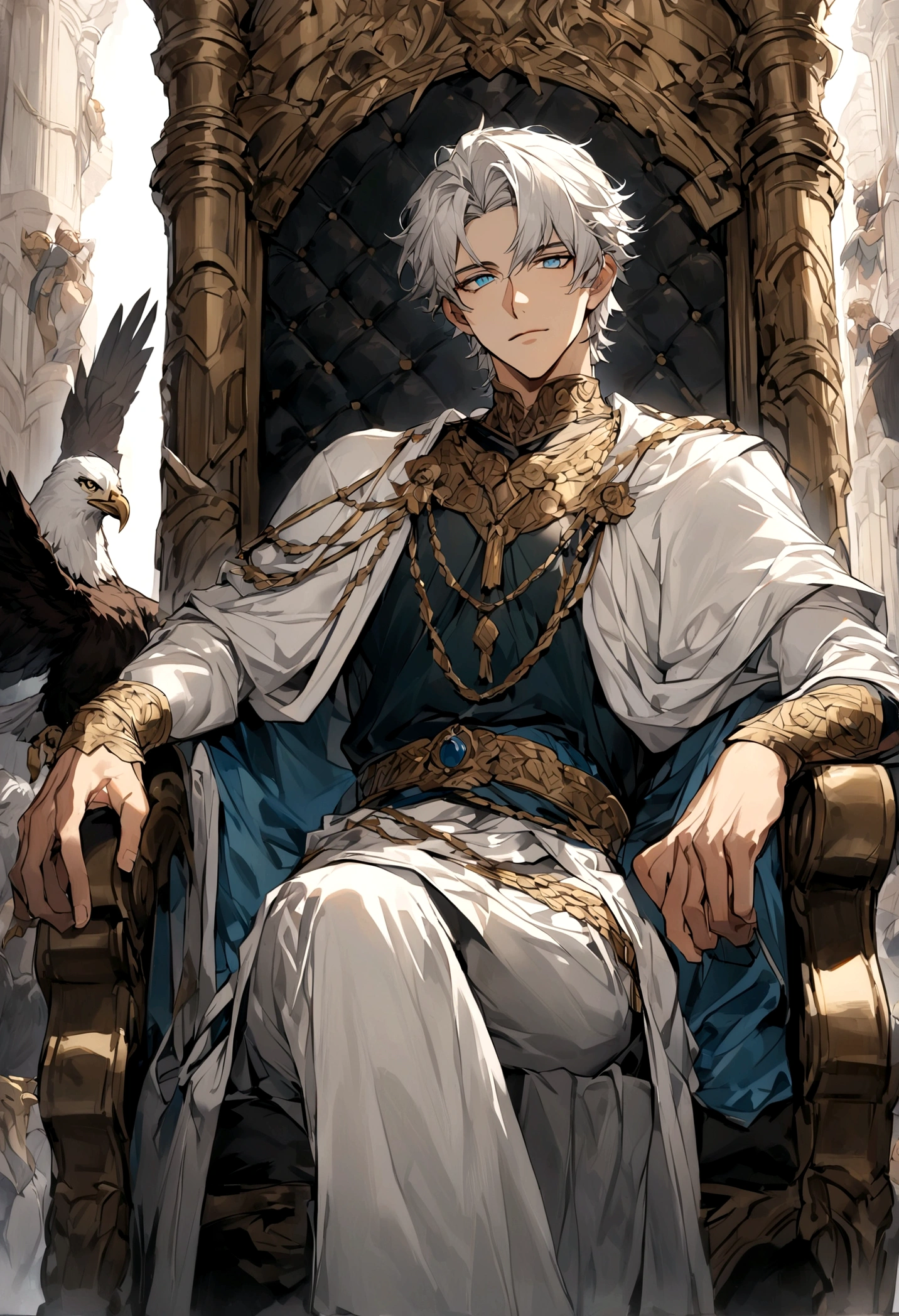 A handsome greek youth with white hair, azure eyes wearing Greek clothes sat on a throne decorated with eagles and bulls while resting one leg.

His hand is holding a thunderbolt and a lot of thunder brighting around his throne.