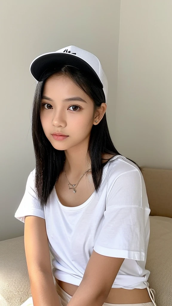 (Please generate an image of a young Filipina woman wearing a t shirt a necklace and a white trucker cap. She has black hair, big black eyes, and a subtle, natural makeup look. The selfie should show her without visible makeup, and she should be looking directly into the camera. The face should appear realistically natural. The full-body shot of this attractive woman should feature a striking pose, and she has piercing black eyes. The girl has a sweet demeanor, and the pose should also be sweet. Please ensure that the entire body of the woman is visible in the image. The background should be black. The details of the image should be of high quality(best quality)), ((masterpiece)), (detailed), perfect face, Filipina, pinay