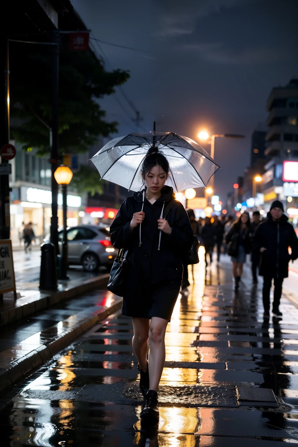 scene 1:Rainy night description:
City的角落笼罩在浓重的crap中,The streets are sparsely crowded,The light casts a blurry shadow on the wet ground。
Key words:
City,night,Rain,crap,Few pedestrians,blurred lights