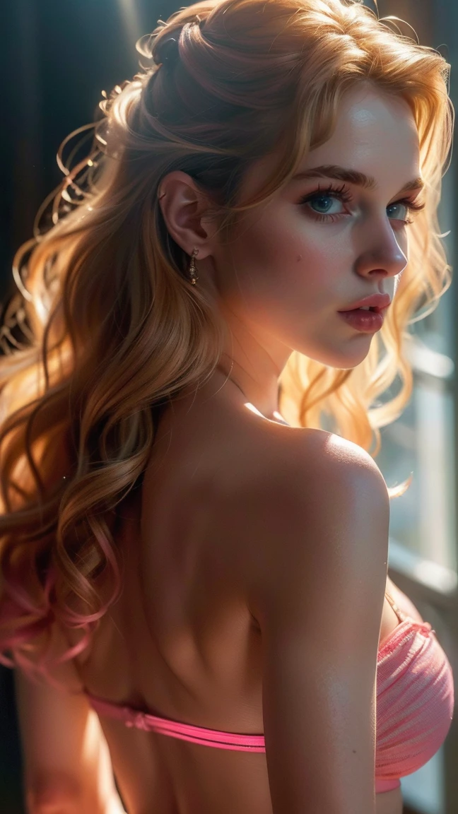 (((ultra realistic))) Photo, masterpiece, top quality, (pale skin), (Ultra detailed face and eyes:1.3), 1 girl, Adult, In Lifchik, ((Eye makeup, pink mascara)), ((large detailed lips)), ((pink wavy hair)), ((Chyolka)) , (Natural breasts), Slim waist. ((Posing)), photoshoot, studio (contour lighting), (The play of light and shadows), depth of field, bokeh, (special attention to skin detail: 1.2), Detailed leather texture, skin pores. (Light atmosphere of the frame. Color range - delicate, Bright, Yellow tones), UDR, ((Film grain)), ((rays)), (Glare), ((Photo from the back)) , ultra detialed, 