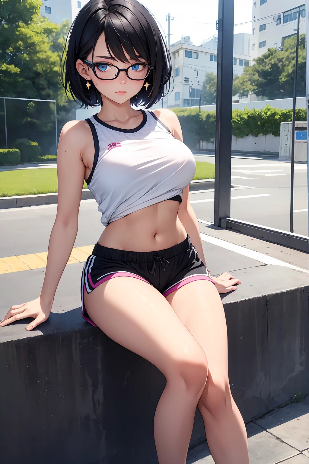beautiful girl, 18 years old, short hair, shoulder-length ,Black Hair, blue eyes, Large Breasts, Sportswear, White,Navel, Skinny pink shorts,wet, play cell phone, Sitting fitness, wear glasses, Wear star earrings,