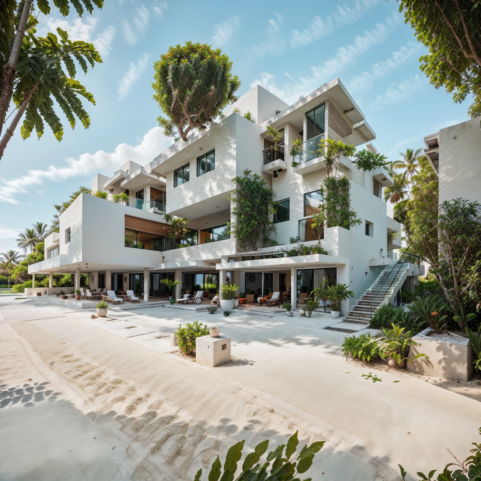 modern villa, contemporary style, coconut trees, greenery landscape, along the white beach, clear sky, day time, warm lighting RAW Photo, RAW texture, Super Realistic, 32K UHD, DSLR, soft lighting, high quality, film rating, Fujifilm XT3 